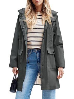 Women's Grey Plaid Long Raincoat Hooded Windbreaker Waterproof Trench Coat